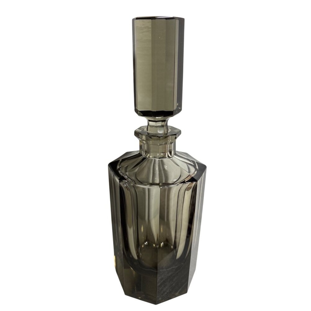 Decanter With Faceted Stopper Smoky Gray Glass MCM 10" Octagonal Heavy Vintage